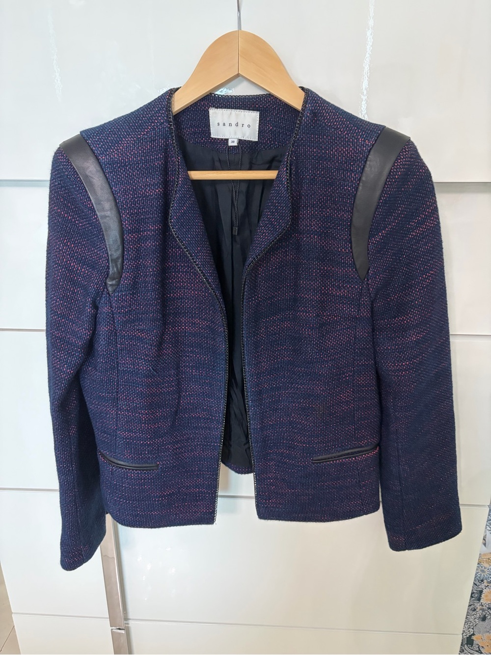 Sandro Navy Tweed Blazer with Pink Fleck and Black Leather Shoulders